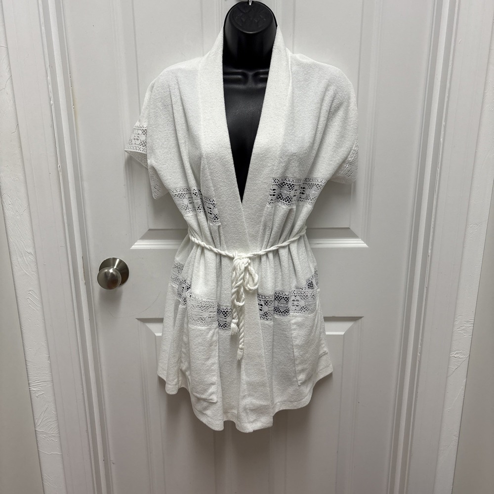 Vintage Coco Cabana White Terry Crochet Front Tie Swim Cover Up - Size Small
